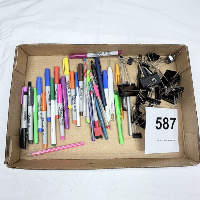 Lot 587: Assorted Sharpie permanent markers, pens & pencils with black binder clips office supply lot