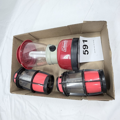 Lot 591: Coleman camping lantern with LED insert, plus pair of mini LED camping lanterns, lot of 3