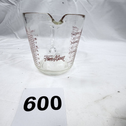 Lot 600: Vintage Anchor Hocking Fire-King glass measuring cups, 4-cup 1-quart pitcher and 8-cup batter bowl, set of 2