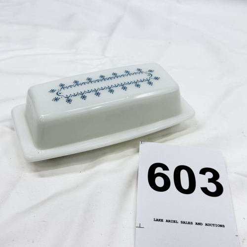 Lot 603: 1970s Pyrex "Snowflake Blue" 1/4 lb covered butter dish, milk glass