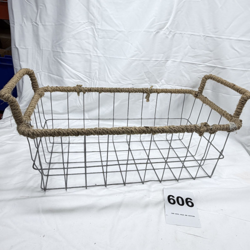 Lot 606: Vintage jute rope-wrapped wire mesh storage basket with dual handles