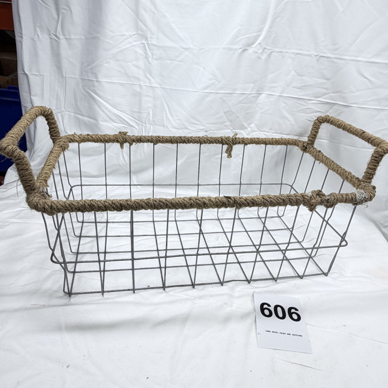 Lot 606: Vintage jute rope-wrapped wire mesh storage basket with dual handles