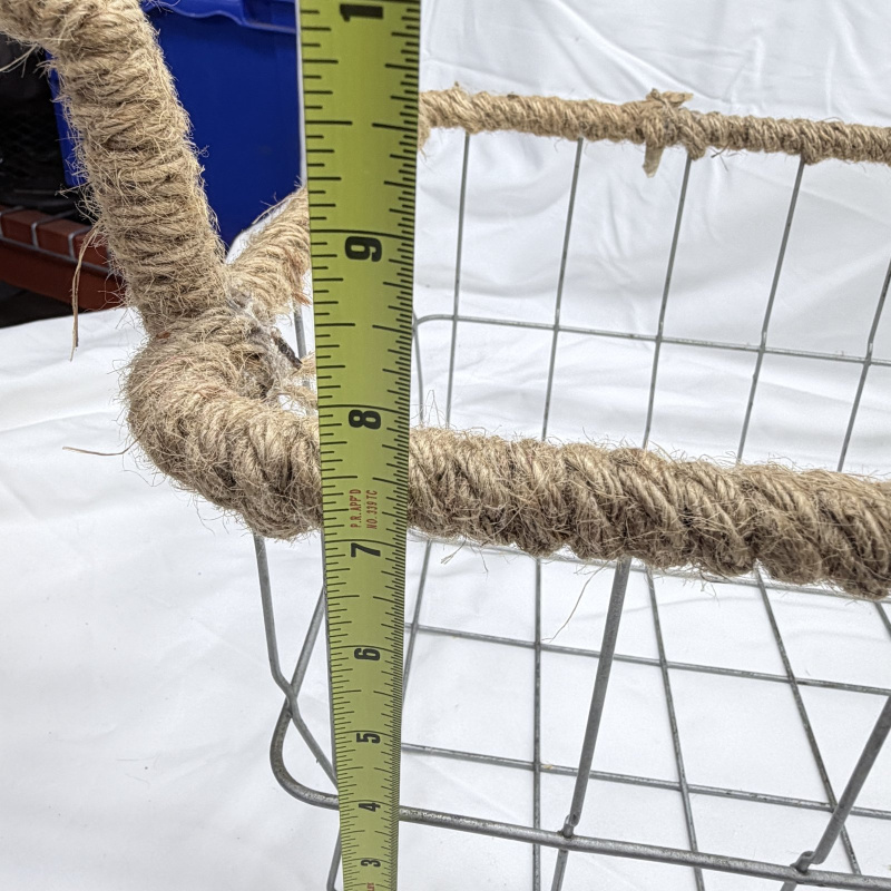 Lot 606: Vintage jute rope-wrapped wire mesh storage basket with dual handles
