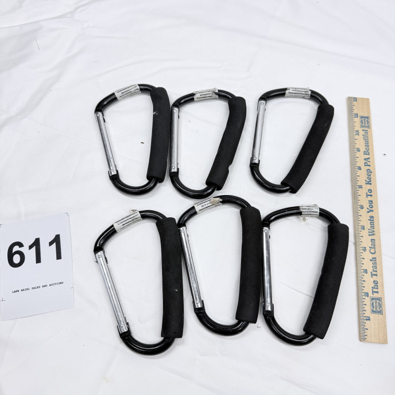 Lot 611: Set of 6 large aluminum stroller carabiner clips with foam handle grips