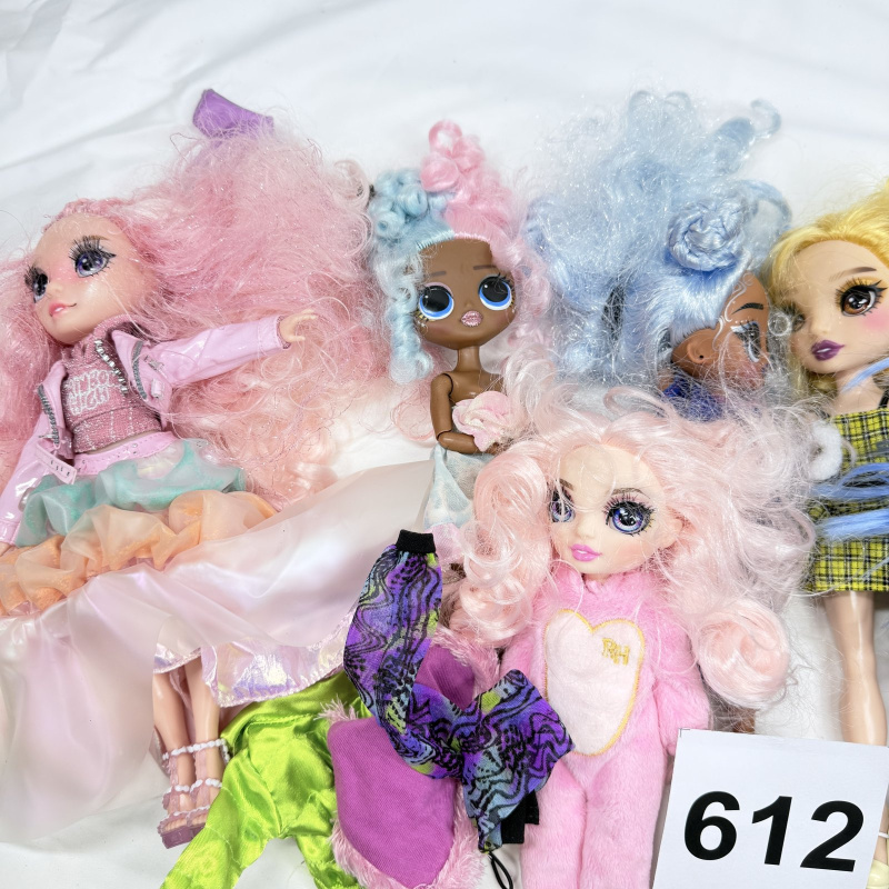 Lot 612: Mixed fashion doll lot: Rainbow High, LOL Surprise OMG, Monster High "Abbey Bominable," and Barbie/Ken dolls, plus outfits