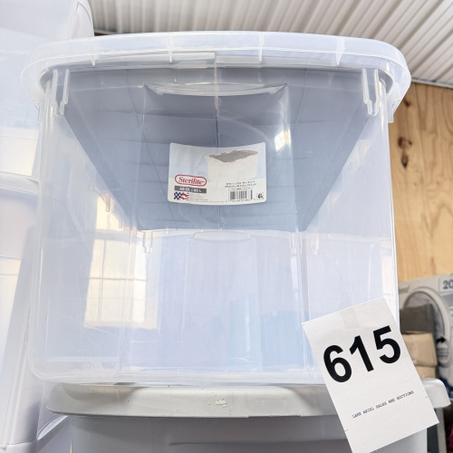 Lot 615: 2024 Sterilite 48 Qt/45 L "Titanium" clear storage tote with lid, model 1914LAB83F