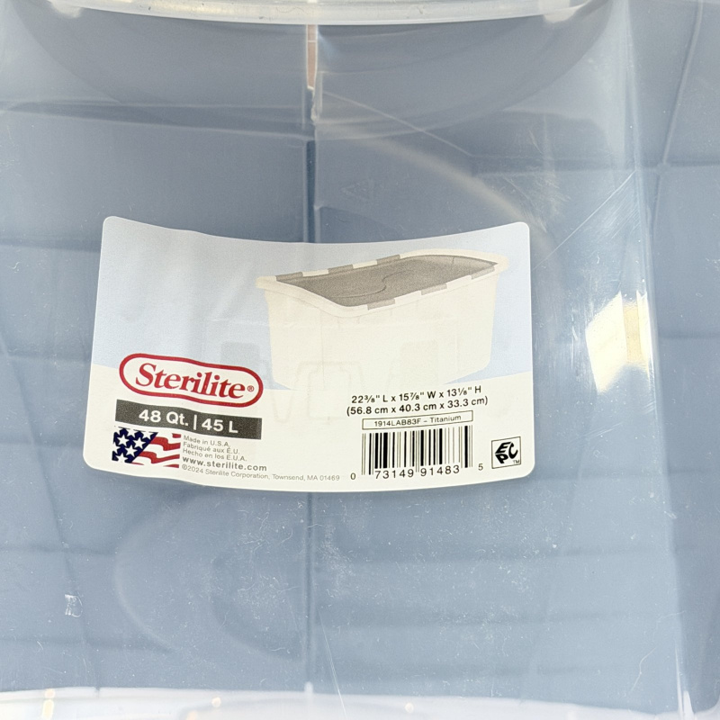 Lot 615: 2024 Sterilite 48 Qt/45 L "Titanium" clear storage tote with lid, model 1914LAB83F