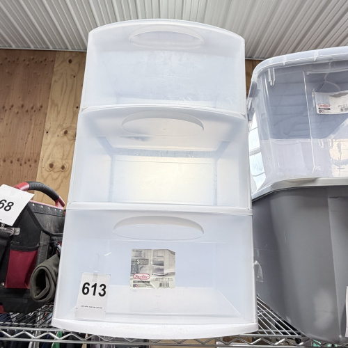 Lot 613: 2023 Sterilite White 3-Drawer Cart, model 3830LAB8, Wide/Large storage chest