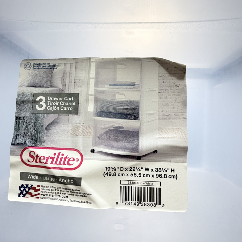 Lot 613: 2023 Sterilite White 3-Drawer Cart, model 3830LAB8, Wide/Large storage chest