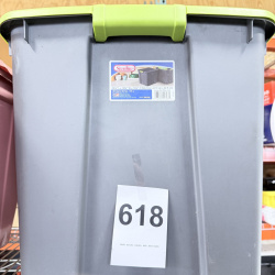 Lot 618: 2014 Sterilite Flat Gray 20 Gallon storage tote with lime lid, model 1917