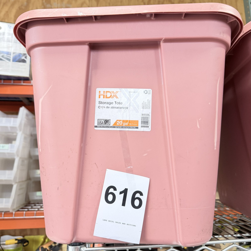 Lot 616: HDX Storage Tote, 20 gallon, pink, Made in USA