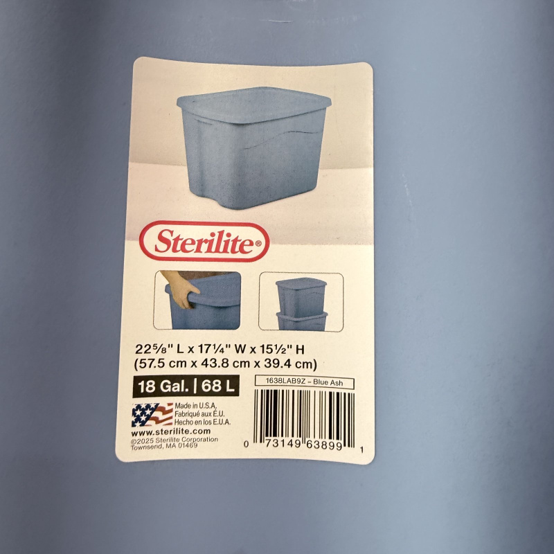 Lot 619: 2025 Sterilite 18 Gal Blue Ash storage tote with lid, model 1638LAB9Z