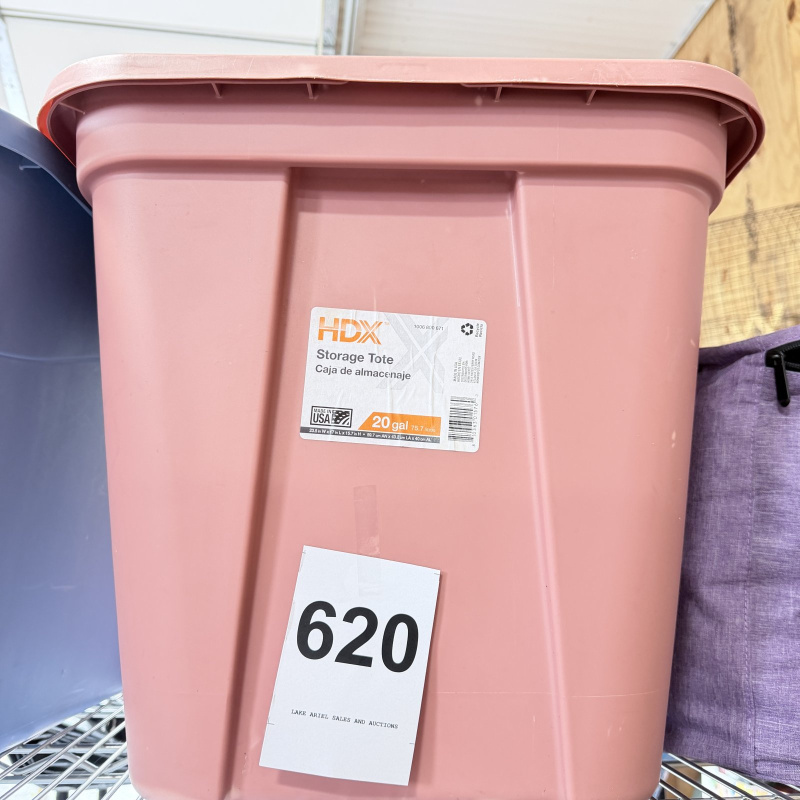 Lot 620: HDX Storage Tote, 20 Gallon, pink plastic, Made in USA