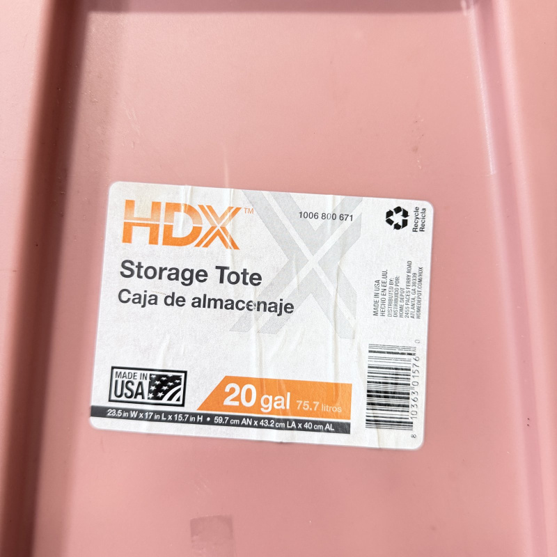 Lot 620: HDX Storage Tote, 20 Gallon, pink plastic, Made in USA