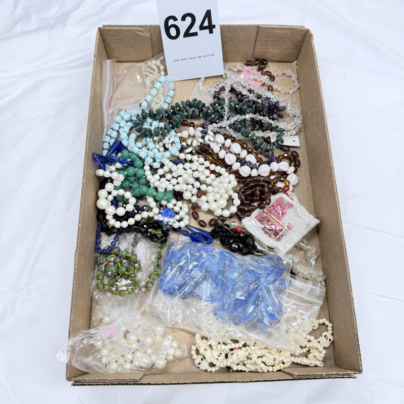 Lot 624: Vintage costume jewelry lot, mixed beaded necklaces including faux pearls, glass, crystal, and carved bead styles