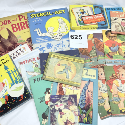 Lot 625: Vintage 1930s-40s children's book & activity lot: Whitman Sewing Cards, Stencil-Art, Aesop's Fables, Magic Dots, storybooks & die-cut cards