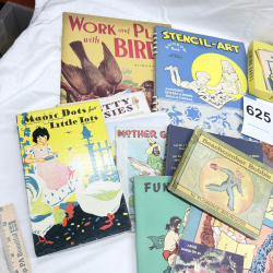 Lot 625: Vintage 1930s-40s children's book & activity lot: Whitman Sewing Cards, Stencil-Art, Aesop's Fables, Magic Dots, storybooks & die-cut cards