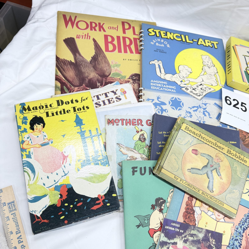 Lot 625: Vintage 1930s-40s children's book & activity lot: Whitman Sewing Cards, Stencil-Art, Aesop's Fables, Magic Dots, storybooks & die-cut cards