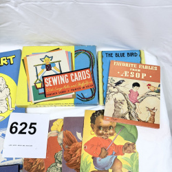 Lot 625: Vintage 1930s-40s children's book & activity lot: Whitman Sewing Cards, Stencil-Art, Aesop's Fables, Magic Dots, storybooks & die-cut cards