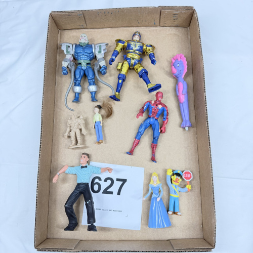Lot 627: Mixed action figure lot: Marvel Spider-Man, Sleeping Beauty Aurora, Sesame Street Bert, and assorted armored/robot figures