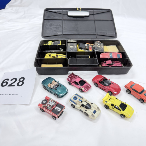 Lot 628: Vintage Aurora AFX/slot car HO scale racing cars group with Aurora Products Corp. carry case, mixed lot