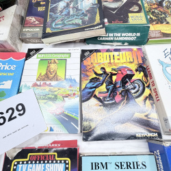 Lot 629: Vintage 1980s IBM/PC big-box software lot: Carmen Sandiego, Defender of the Crown, Temple of Apshai Trilogy, Hitchhiker's Guide, Card Sharks, 20+ titles
