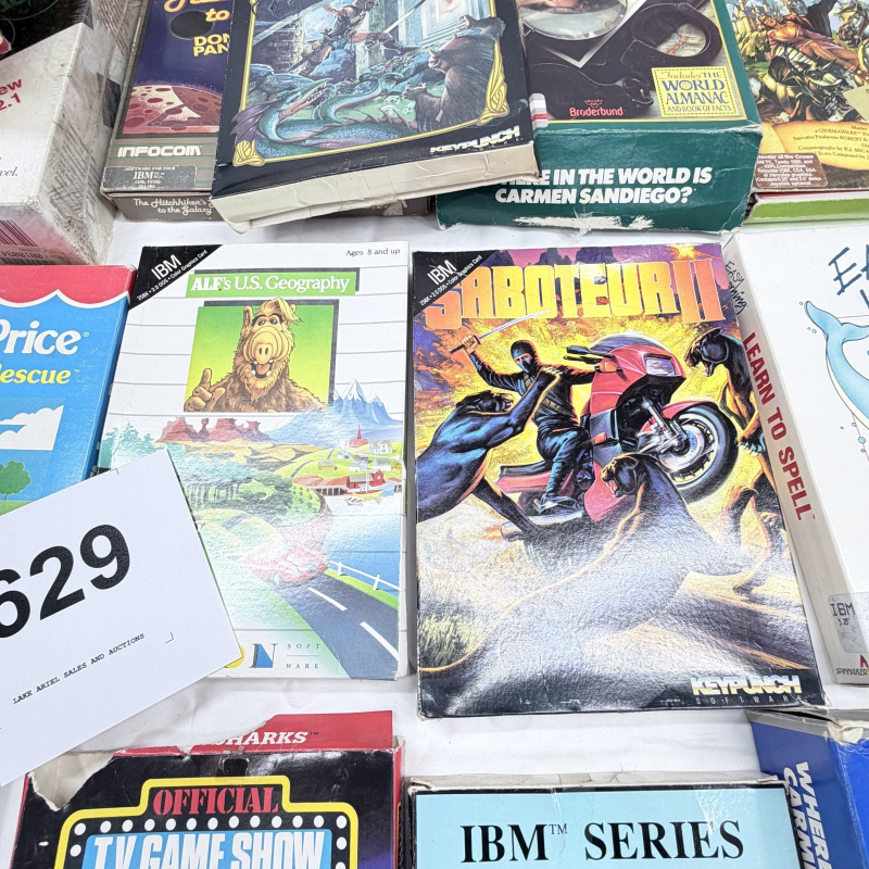 Lot 629: Vintage 1980s IBM/PC big-box software lot: Carmen Sandiego, Defender of the Crown, Temple of Apshai Trilogy, Hitchhiker's Guide, Card Sharks, 20+ titles