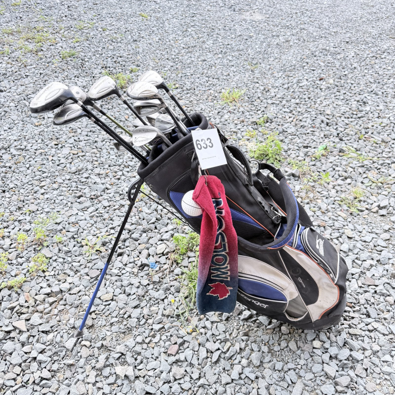 Lot 633: Slazenger cart golf bag with mixed iron set, Ben Hogan Radial & AFC wedges, headcovers, towel and ball