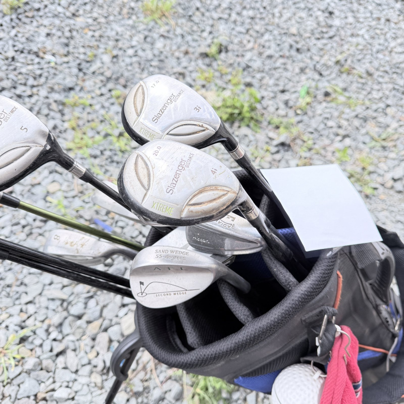 Lot 633: Slazenger cart golf bag with mixed iron set, Ben Hogan Radial & AFC wedges, headcovers, towel and ball