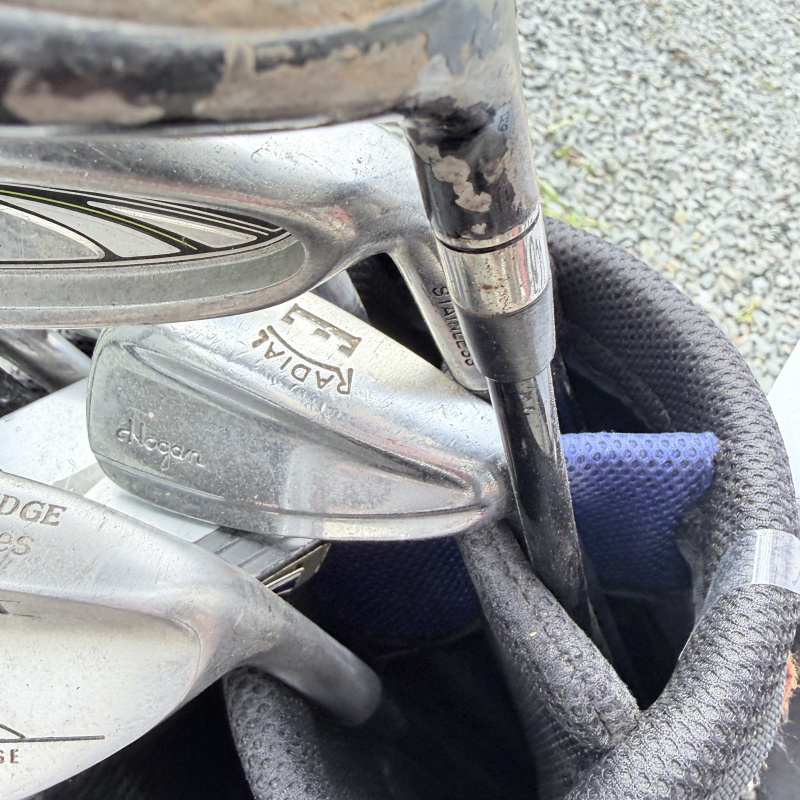 Lot 633: Slazenger cart golf bag with mixed iron set, Ben Hogan Radial & AFC wedges, headcovers, towel and ball