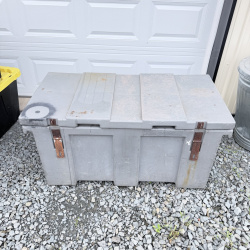 Lot 663: Craftsman gray poly job box truck tool chest with tray, contents included (hose reel, chain, circular saw)