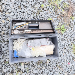 Lot 664: Vintage Stack-On plastic tackle/tool boxes with assorted hardware, screws, tools and hobby supplies, lot of 3