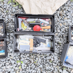 Lot 664: Vintage Stack-On plastic tackle/tool boxes with assorted hardware, screws, tools and hobby supplies, lot of 3