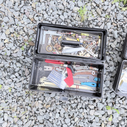 Lot 664: Vintage Stack-On plastic tackle/tool boxes with assorted hardware, screws, tools and hobby supplies, lot of 3