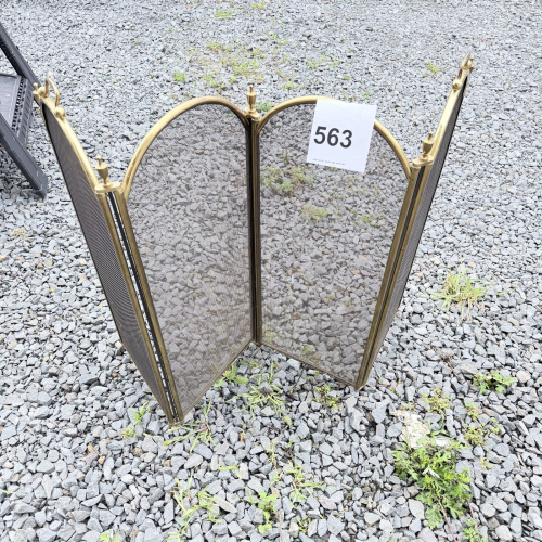 Lot 563: Vintage brass 4-panel folding fireplace screen with mesh spark guard, arched panels